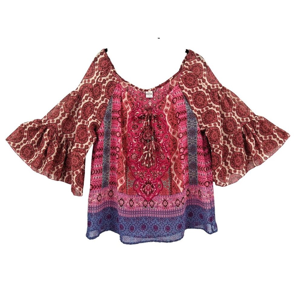 Bila Off-Shoulder Top With Flared Sleeves & Tassels Size Large